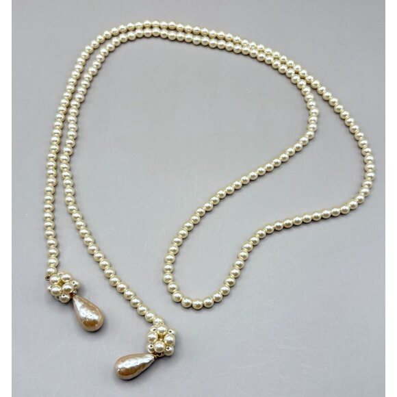 Faux Pearl Beaded Lariat Necklace with Teardrop Pendants Vintage Flapper Style - Picture 6 of 6